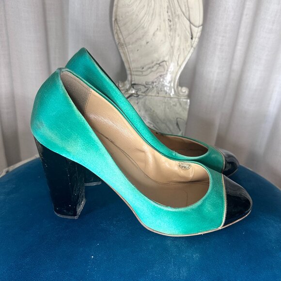 J.Crew Satin Green & Black Leather Chunky Heels - 4” - Picture 2 of 6
